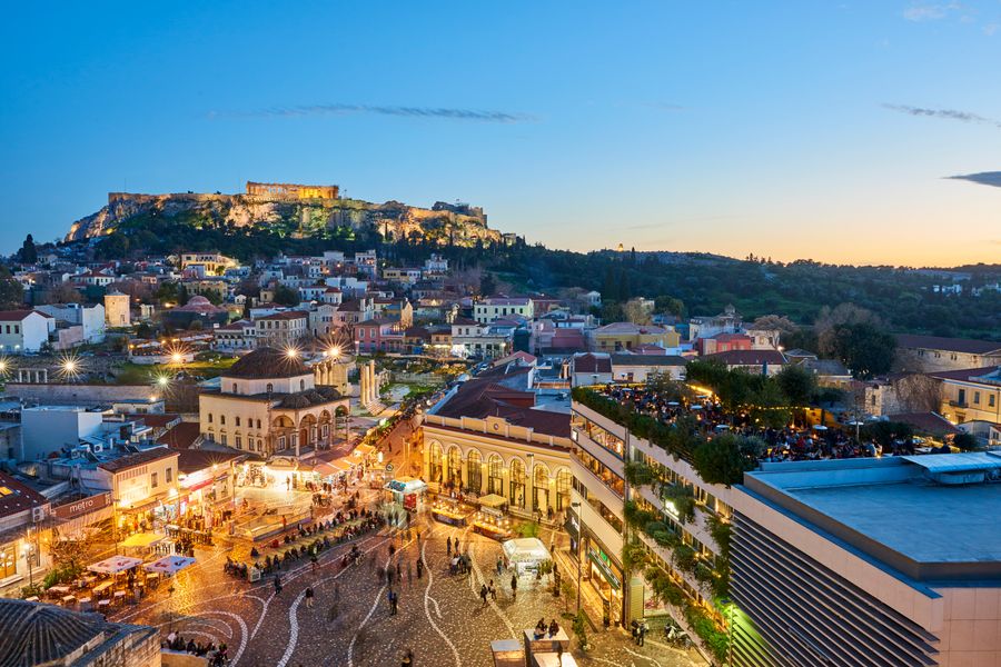 A photo of Athens taken at dusk. 